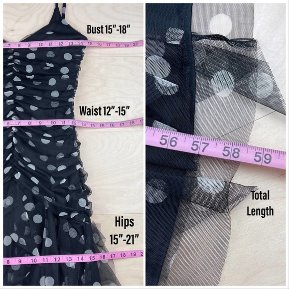 Vintage 1980s Black and White Polka Dot Tulle Ruffled Mermaid Maxi Dress - Picture 8 of 9